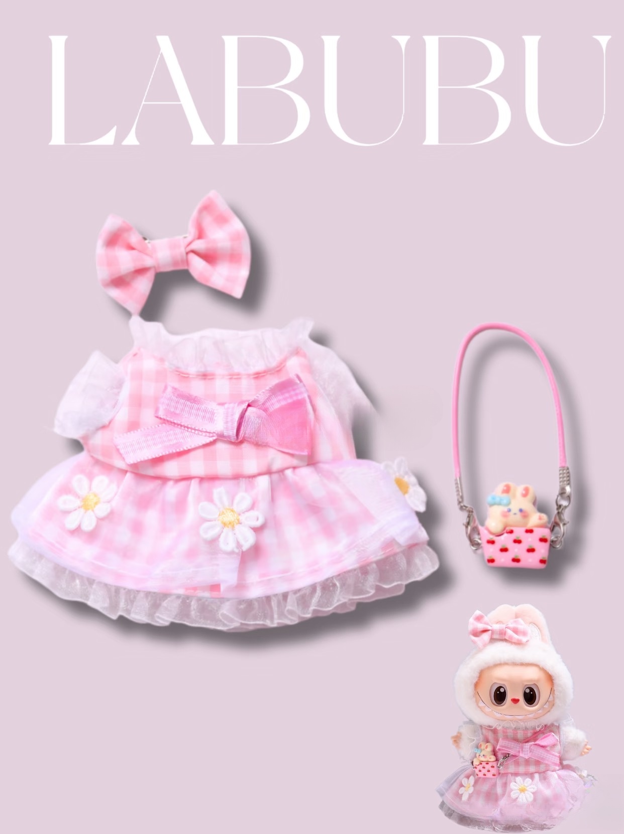 Clothes for Labubu – Elegant Tea Party Dress Outfit for 17cm Dolls, Double-Layered Bow with Pearl Trim & Rose Accent, Satin & Tulle Dress with Pearl Straps & Gemstone Detail – Doll Not Included
